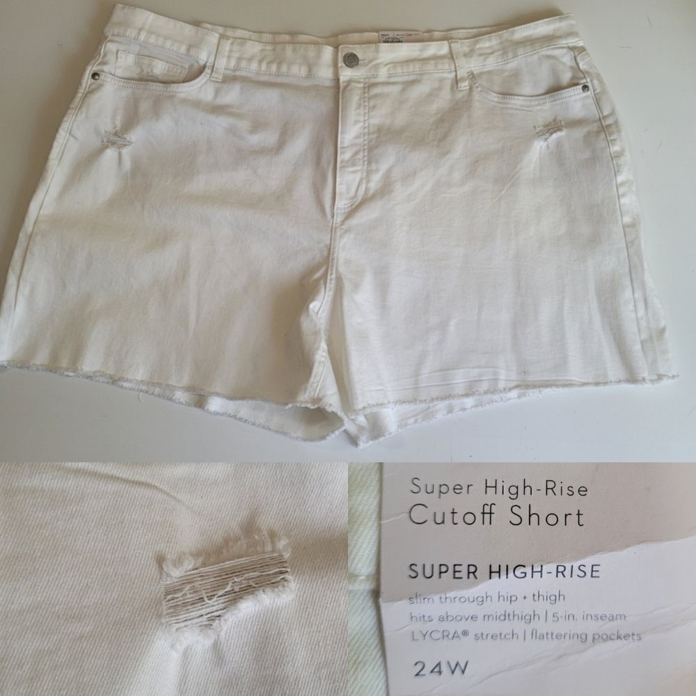 $48 NEW 24W SUPER HIGH RISE HR WHITE DISTRESSED RAW EDGE DENIM JEAN SHORTS NWT